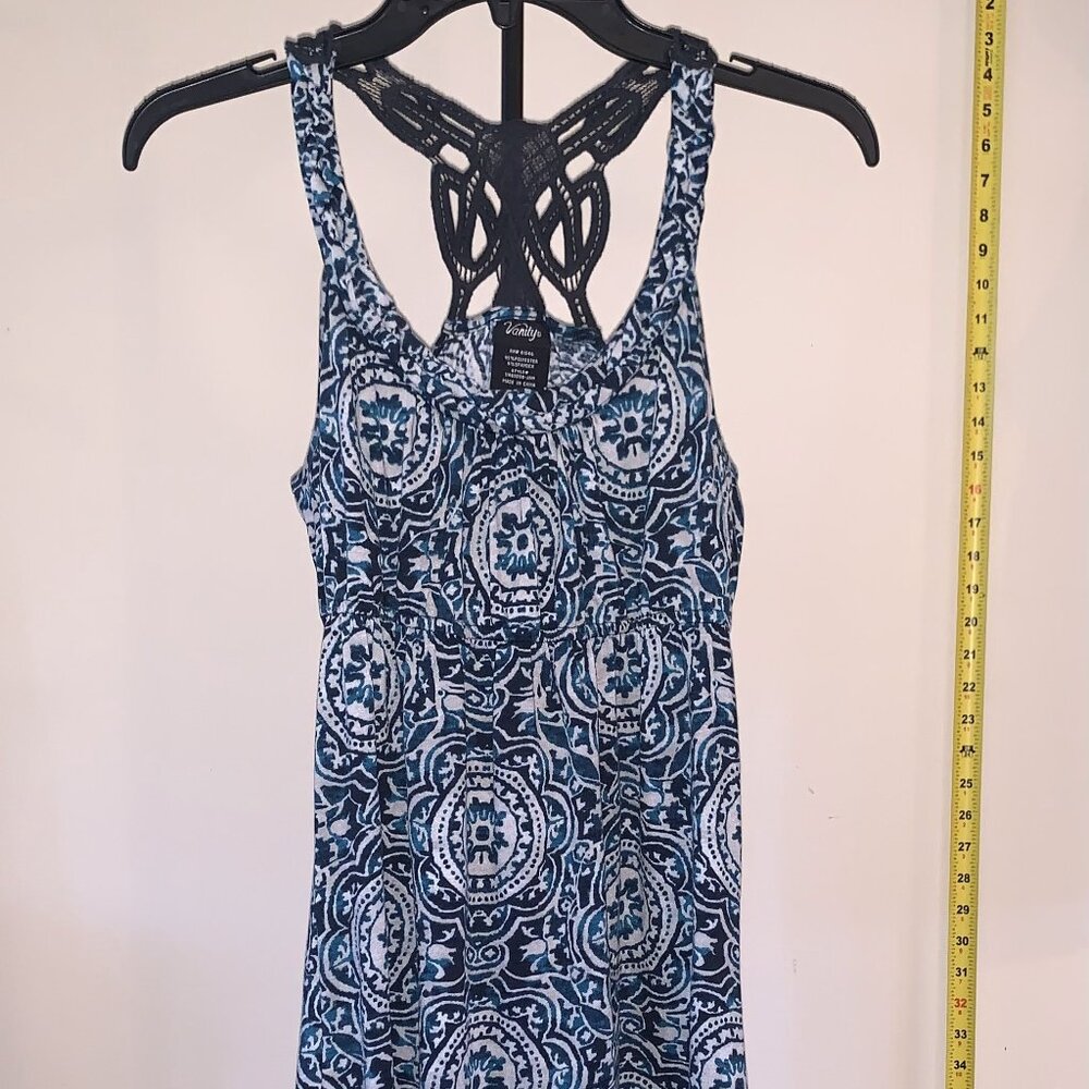 VANITY boho midi dress, multi color - blues & white some black, size small (S)